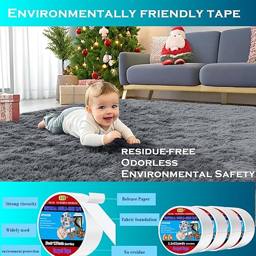 Double Sided Carpet Tape 2 in x 30 yd - Heavy Duty Rug Gripper for Area Rugs on Hardwood, Tile, Concrete Floors, Strong Adhesive Removable Residue Free
