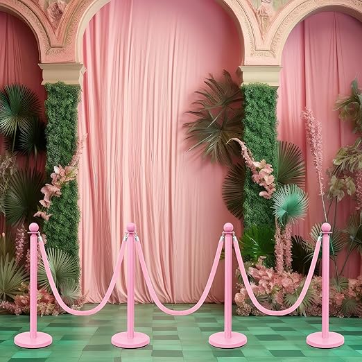 Ferraycle 6 Pcs Stainless Steel Stanchions Post Queue 38 Inch, 5 ft Velvet Rope Carpet Ropes and Pole, Control Barriers for Wedding Birthday Party Decoration Sand Injection Hollow Base Set (Pink)