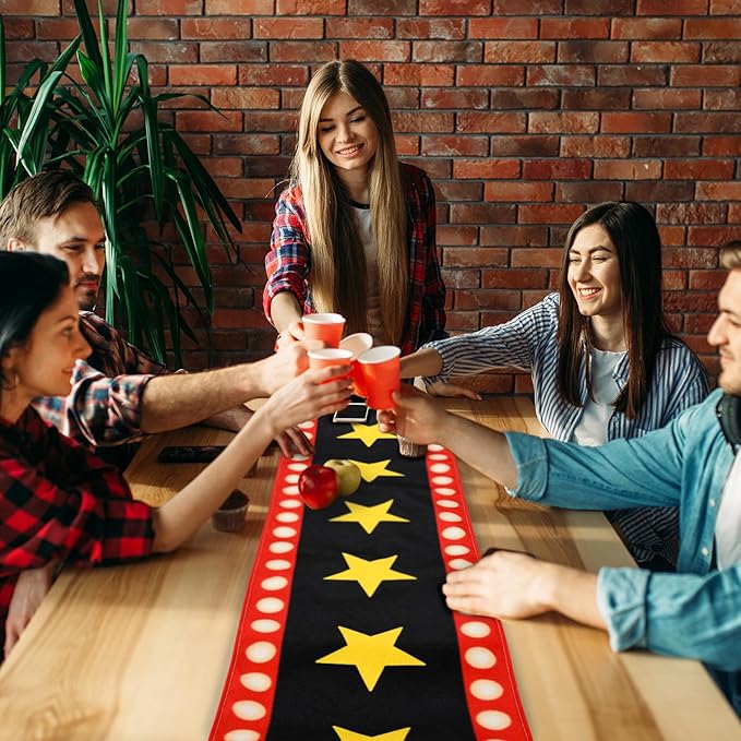 4 Pcs 13 x 72 Inch Movie Night Table Runner with Gold Star Design - Movie Night Black Carpet Decoration for Birthday Party Supplies （Black）