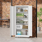 Greenvelly 73" Metal Storage Cabinet with Wheel and Pegboard, Lockable White Metal Garage Cabinets with 2 Doors and 4 Adjustable Shelves, Rolling Steel Tool Cabinet for Garage, Home Office, School
