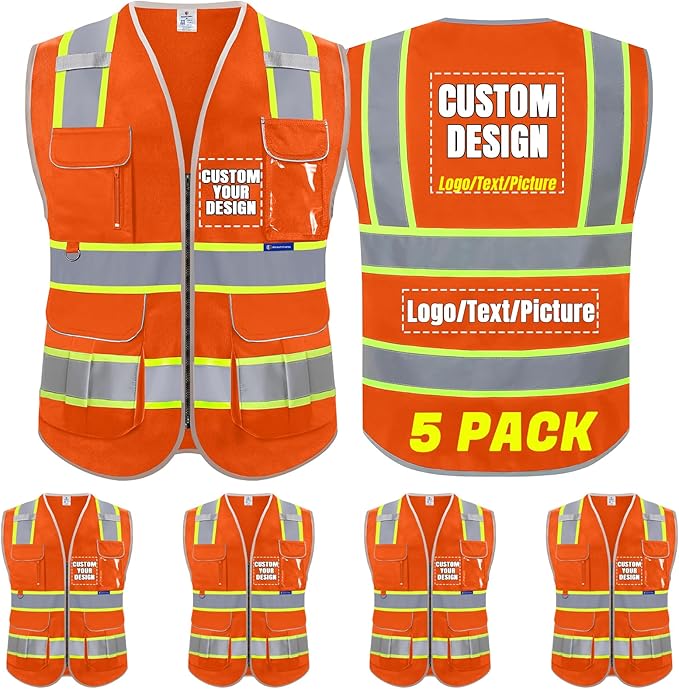 BeautyWill 5Pack Custom Logo Safety Vest 8 Pockets Class2 ANSI Certified High Visibility Reflective Vest for Men - Personalized Logo Heavy-Duty Work Vest（Orange，3XL）