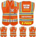 BeautyWill 5Pack Custom Logo Safety Vest 8 Pockets Class2 ANSI Certified High Visibility Reflective Vest for Men - Personalized Logo Heavy-Duty Work Vest（Orange，XXL）