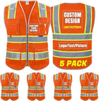BeautyWill 5Pack Custom Logo Safety Vest 8 Pockets Class2 ANSI Certified High Visibility Reflective Vest for Men - Personalized Logo Heavy-Duty Work Vest（Orange，XXL）