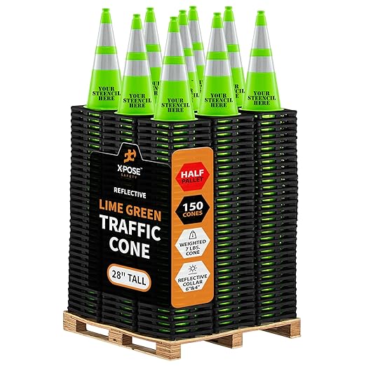 Xpose Safety 28" Lime Traffic Cones 6" & 4" Reflective Collar - Bulk Half Pallet 150 Pack - Premium PVC Safety Cone for Parking, Caution, Construction, Road Crews, Emergency Vehicle - DOT Approved