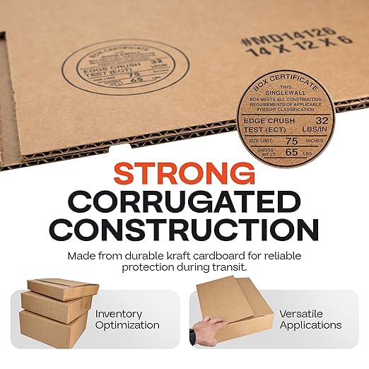 Multi-Depth Corrugated Shipping Boxes, 14"L x 12"W x 6"H, 10-Pack - USA-Made Boxes for Moving, Storage & Small Business Packaging - Heavy-Duty Cardboard Bines for Household & Office by IDL Packaging