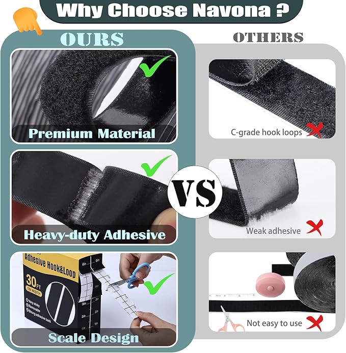 Navona 30Ft x 1 Inch Hook and Loop Strips with Adhesive – 2 Rolls Heavy Duty Hook and Loop Tape with Backing for Home, Office, School, and Crafting Projects, Black