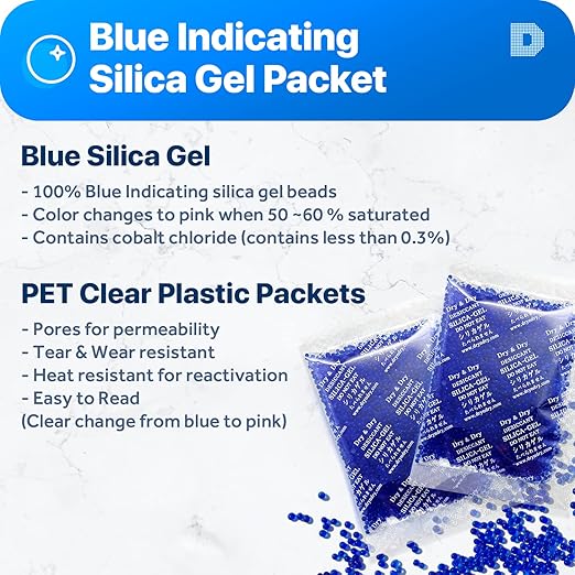 Dry & Dry 20 Gram [50 Packets] Blue Indicating(Blue to Pink) Silica Gel Packets Desiccant Silica Gel Packets - Rechargeable Silica Packets, Silica Gel, Silica Gel Packs