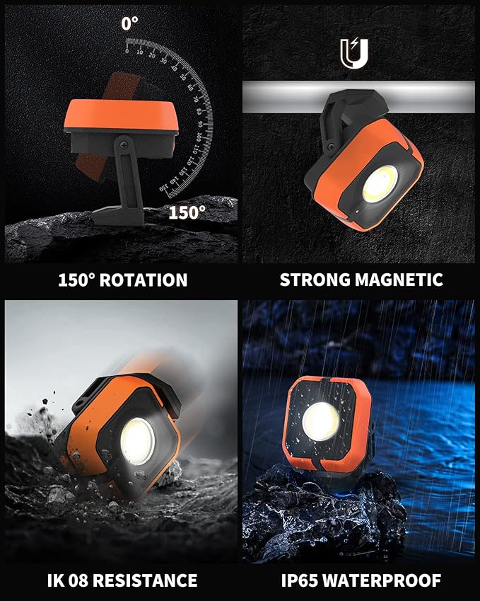 Rechargeable Work Light with 4 Modes,1200LM Magnetic Work Light with IP65 Waterproof, 3350mAh Battery Led Work Lights,150° Rotate for Car Repair, Camping, Emergency (1 Pack)