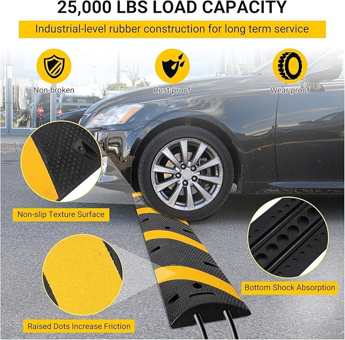 6 FT Heavy Duty Rubber Speed Bump 4-Pack, Driveway Cable Protector Ramp with Installation Bolts for Parking Lots, Garage & Gravel Roads
