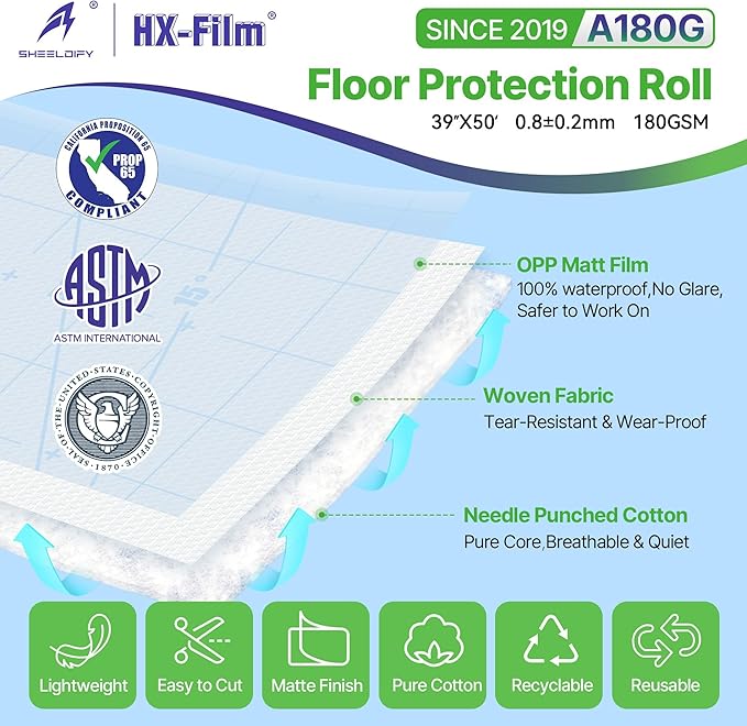 39" x50' Heavy-Duty Floor Protection | Construction Grade Carpet Protector | Drop Cloth Plastic Film for Hardwood Floors | Waterproof Painters Covering with No Residue(Ice Blue)