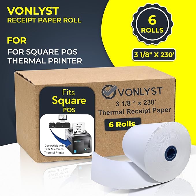 Receipt Paper Roll 3 1/8 x 230 for Square Register and Square POS System connected to Star Micronics Thermal Printer (Pack 06 rolls)