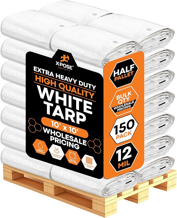 Heavy Duty White Poly Tarp 10' X 10' - Bulk Half Pallet (150 Pack) - Multipurpose Protective Cover - Durable, Weather Proof & Tear Resistant - 12 Mil Thick Polyethylene - by Xpose Safety