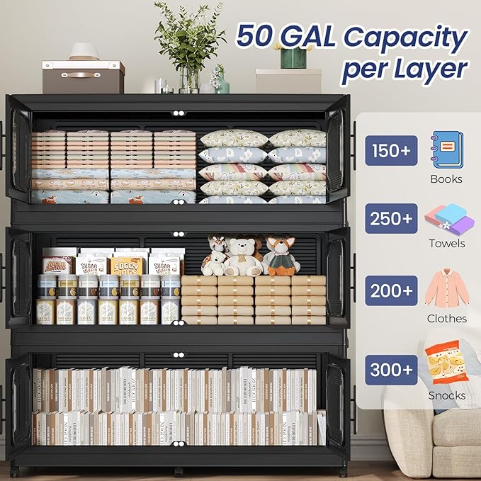 1000QT Large Stackable Storage Bins with Lid, 250Gal Plastic Collapsible Closet Organizers Drawers Box with Wheels, Folding Cabinet Containers with Doors for Home Kitchen Office, 5Pack Black