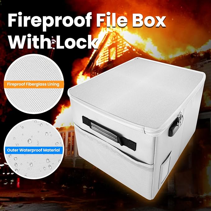 Upgraded 5200°F Fireproof Document File Organizer Box, Fireproof Storage Filing Cabinet Box with Lock, Portable Office Safe for Hanging Letter/Legal Folder 16.1 x 12.9 x 11in (Grey)