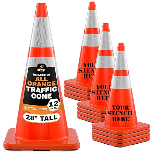 Xpose Safety 28 Inch Orange Traffic Cones Heavy Duty 10lb with 6" & 4" Collars, 12-Pack - Multipurpose PVC Plastic Safety Cone for Parking, Soccer, Caution, Kids and Construction - DOT Approved