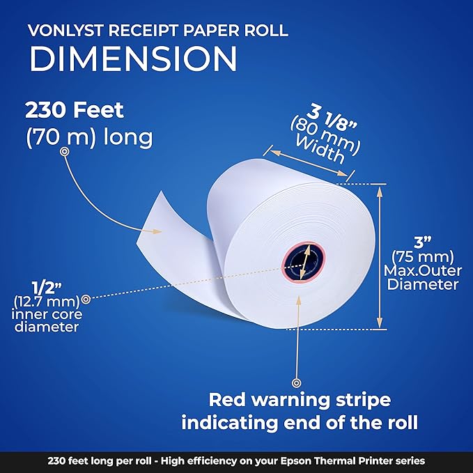 3 1/8 x 230 Thermal Paper Receipt Roll for Epson Printer (Pack 06 rolls)
