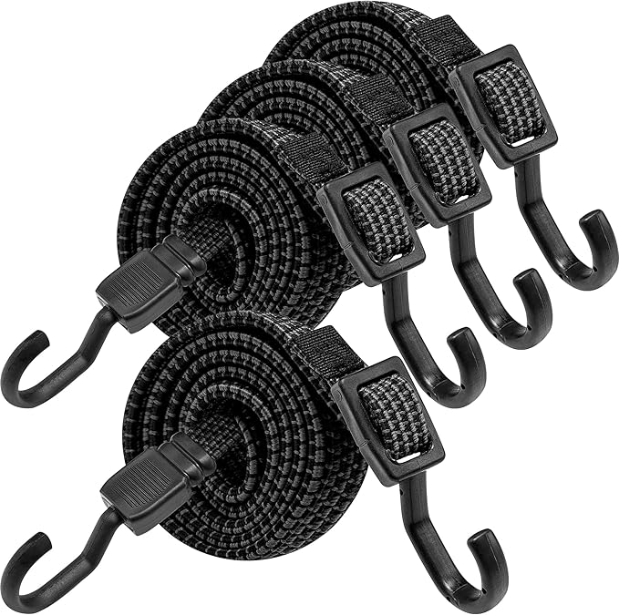 Bungee Cords with Hooks Heavy Duty, Flat Adjustable Bungee Cords with Hooks 40 Inch, Rubber Black Bungee Straps with Buckle Hooks for Outdoor, Camping, Tarps, Bike Rack, Tent, Truck, 4 Pack