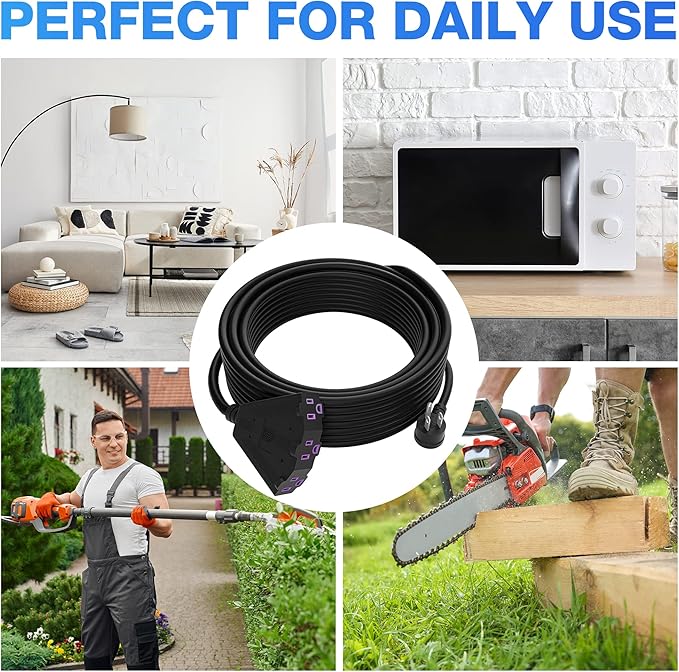 Outdoor Extension Cord 25 FT with 3 Outlets, 3 Prong 90 Degree Angled Plug, 12/3 Heavy Duty 12 Gauge Power Cable, 12AWG, SJTW, 15A, 125V, 1875W, ETL Listed, Black Wire, with Free Carrying Strap+Ties