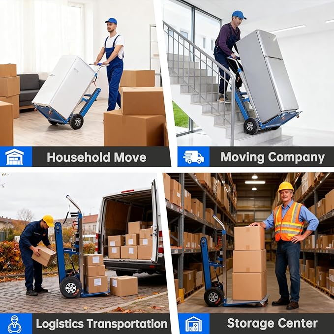 Electric Stair Climbing Dolly, 1250W Electric Stair Climbing Hand Truck, 900lbs Max Load Capacity, 3 Mode Folding Stair Climber Hand Trucks with Telescopic Handle for Moving (Blue+Black/Big Wheels)