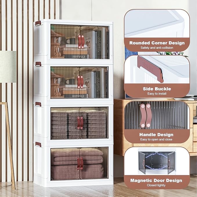 4 Tier Plastic Stackable Storage Bins and Boxes Organizer, Foldable Containers, Stackable Closet Organizers, Collapsible Boxes, White (3 Tier, 25.8″)