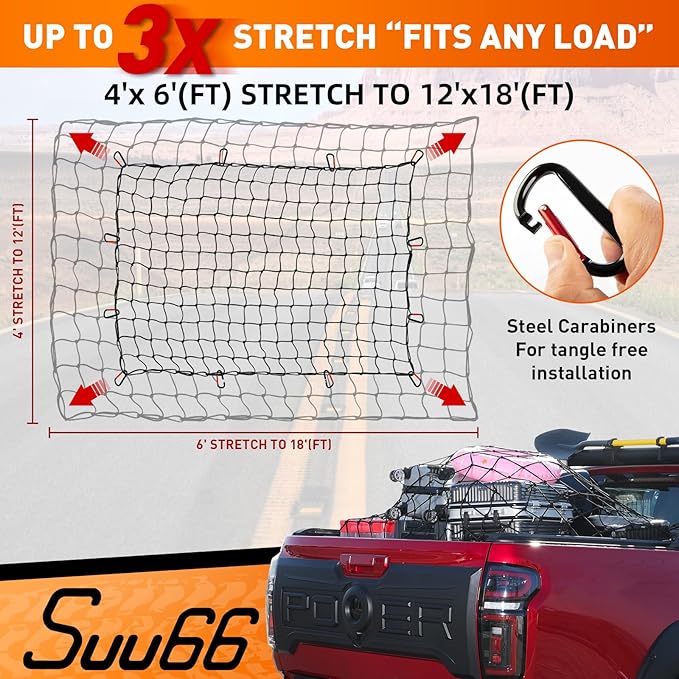 Heavy Duty Cargo Net for Pickup Truck Bed - 4' x 6' Stretches to 12' x 18' - Sturdy Latex Bungee Net Mesh - with 12 Metal Carabiners - Truck Bed Accessories for Dodge RAM, Ford, Chevy, Toyota