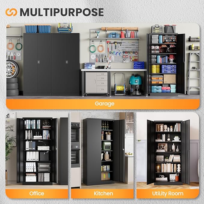Metal Garage Storage Cabinets with Lock, 72" Tall Tool Cabinet with 2 Door and 5 Adjustable Shelves, Locking Garage Cabinets and Lockable Steel Locker for Home Office Warehouse - (Black-72”H)
