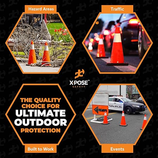 Xpose Safety 28 Inch Orange Traffic Cones with 6" Collar - 4 Pack Multipurpose PVC Plastic Safety Cone for Parking, Soccer, Caution, Kids and Construction - DOT Approved