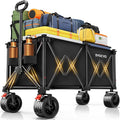Collapsible Wagon Carts 570LBS Weight Capacity Foldable Beach Wagon with Big All-Terrain Wheels 330L Heavy Duty Utility Carts with Cup Holders for Camping, Garden, Sports, Grocery Black