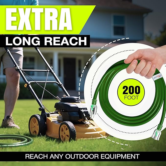 200ft Outdoor/Indoor Extension Cord 16/3 Gauge Heavy Duty 3 Prong SJTW, Waterproof, Flexible Cold-Resistant Long Power Cord,6A 125V 750W, Green by LifeSupplyUSA