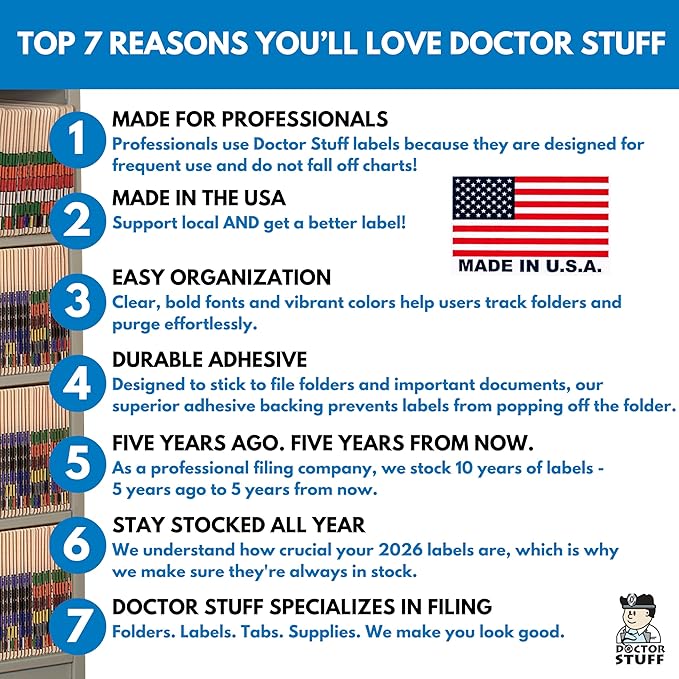 2026 Year Labels, Doctor Stuff 2026 Chart Stickers, Fluorescent Violet Color Coded, USA Made Year Stickers for End Tab File Folders, 500 Labels/Roll in a Dispenser Box, 3/4" x 1-1/2"