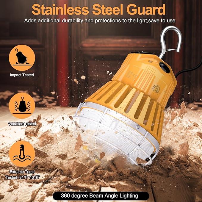 100W/80W/60W LED Temporary Construction Lights - Linkable Work Light Stainless Steel Protective Cage Jobsite Light for Repair Area Bench, Portable Hanging Work Construction Light Input 100~277VAC