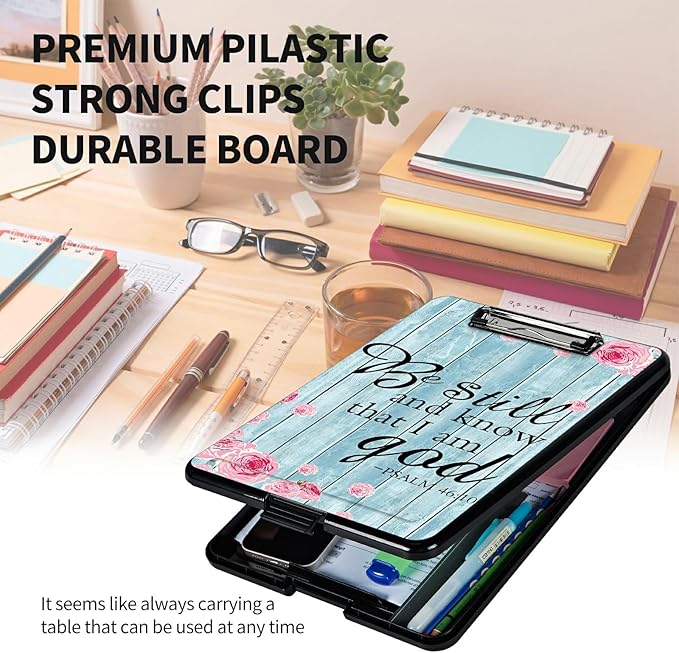 A4 Clipboards,Heavy Duty Waterproof Nursing Plastic Folder Clipboard with Storage Clip Boards,File Folder Storage Box Clipboard Case for Teacher,Doctor,Offices,Psalm 46-10 Be Still