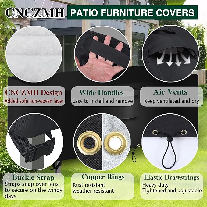 Heavy Duty Patio Furniture Covers Waterproof, 600D Outdoor Furniture Cover Waterproof for Sectional Sofa Couch, Outdoor Dining Table and Chair Set Covers 111''L x 74''W x 28''H, Black