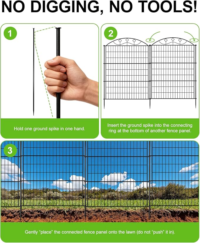 48in Extra Tall Garden Fence, 10-Panel Metal Animal Barrier, 24ft Long No Dig Temporary Fencing for Yard, Reusable Defense for Big Dogs & Privacy