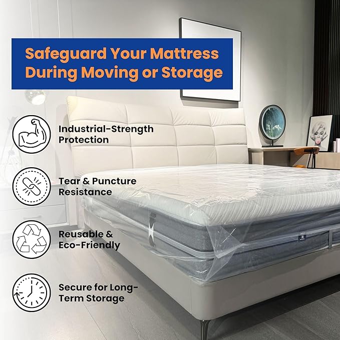VICMORE 2-Pack Queen Mattress Bags for Moving & Storage – 4 Mil Heavy-Duty Plastic Mattress Cover, Tear-Resistant & Odorless, Reusable & Recyclable