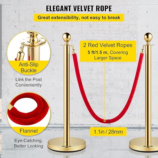 VEVOR Stanchions and Velvet Ropes 4Pcs, Solid Base with Stainless Steel Post, 5ft Red Velvet Ropes and Posts, Crowd Control Barriers Gold Stanchions, Red Carpet Runner Poles for Party Supplies