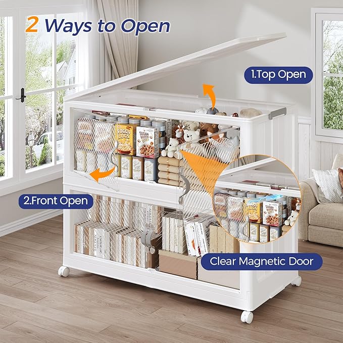 600QT Extra Large Stackable Storage Bins with Lid & Wheels & Doors, 150Gal Foldable Collapsible Closet Organizers, Plastic Cabinet Box Container Drawer for Home Kitchen Bedroom, 5Pack White