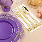 175PCS Clear Purple Plastic Plates for 25 Guests, Disposable Plates with Gold Trim include 25 Dinner Plates, 25 Dessert Plates, 75 Gold Silverware, 25 Cups, 25 Napkins for Party, Wedding