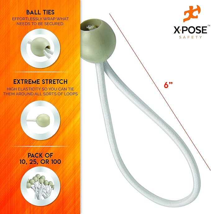 Xpose Safety Bungee Ball Cords 6" 10 Pack Heavy Duty White Stretch Rope with Ball Ties for Canopies, Tarps, Walls, Cable Organization