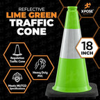 Xpose Safety 18” Lime Green Traffic Cone - 6" Reflective Collar – 24 Pack Multipurpose Premium PVC Safety Cone for Parking, Caution, Construction, Road Crews, Emergency Vehicle - DOT Approved