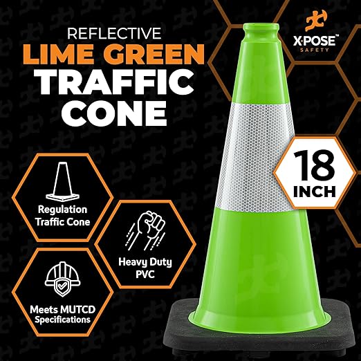 Xpose Safety 18” Lime Green Traffic Cone - 6" Reflective Collar – 48 Pack Multipurpose Premium PVC Safety Cone for Parking, Caution, Construction, Road Crews, Emergency Vehicle - DOT Approved