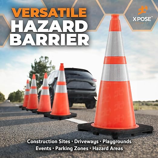 Xpose Safety 28 Inch Orange Traffic Cones with 6" & 4" Collars, 4-Pack - Multipurpose PVC Plastic Safety Cone for Parking, Soccer, Caution, Kids and Construction - DOT Approved