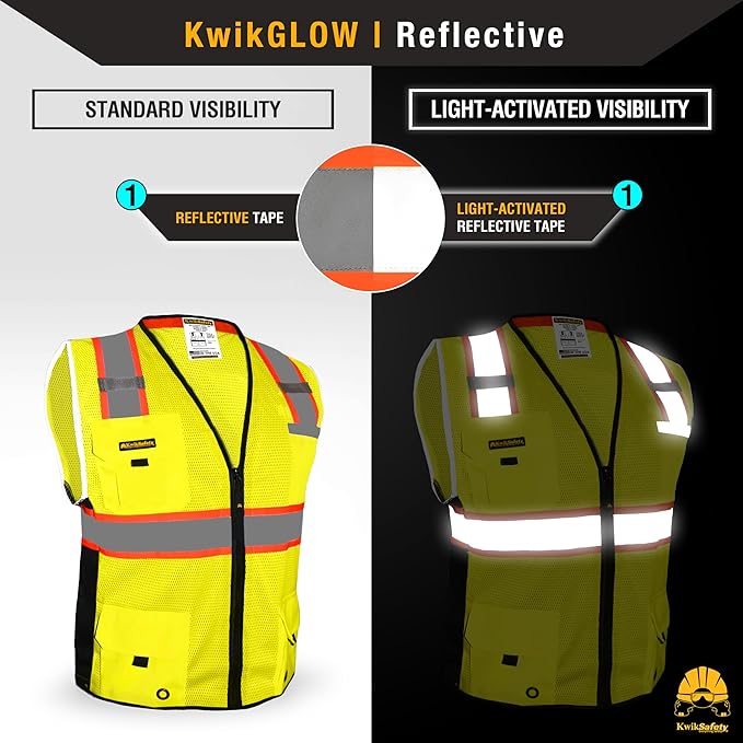 KwikSafety - Charlotte, NC - BIG KAHUNA Safety Vest [11 Pockets] Class 2 ANSI OSHA Reflective Vest Durable High Visibility Vest Construction Safety Vest for Men Industrial Work Gear/Yellow Large
