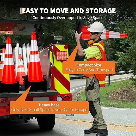 Traffic Cones 28", PeakPursuit 10 PCS Safety Cones, PVC Orange Safety Road Parking Cones with 2 Reflective Collars,Hazard Construction Cones for Home Traffic Parking