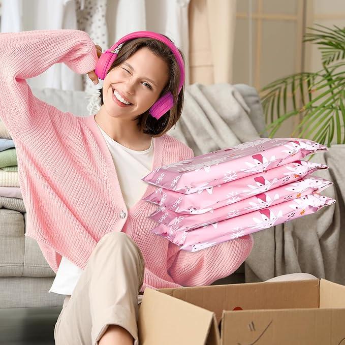 Metronic Christmas Poly Mailers 10x13" 100 Pack, Pink Christmas Tree Shipping Bags for Clothes, Cute Snowflake Shipping Envelopes Mailers Poly Bags Small Packaging Mailing Bags for Small Business