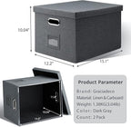 File Organizer, Collapsible Storage Filling Box with Lid for Letter Legal Size Hanging Folders Decorative Linen File Folder Box Document Storage Filing Bin, Dark Gray 2 Pack