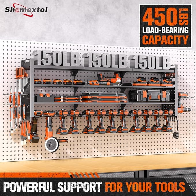 49.8" W Large Power Tool Organizer Wall Mount, Heavy Duty Tool Organizer with 14 cordless Drill Holder, 4 Layers Garage Organization and Storage Rack, Tool Rack for Garage Workshop, Black