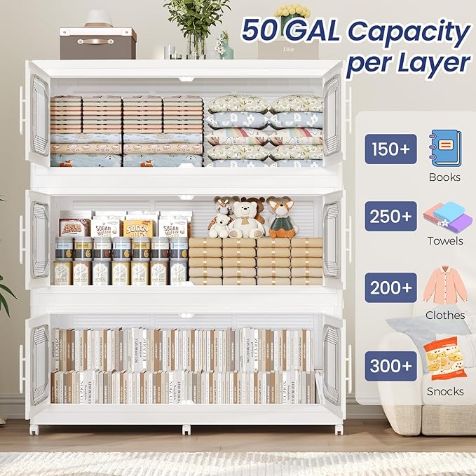 200Gal Exra Large Stackable Storage Bins with Lid, 800QT Collapsible Storage Box with 6x Wheels, Folding Plastic Cabinet Container with Door Drawer for Home Kitchen Office Dorm, 4Pack White