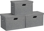 Large 17" 36 Quart Collapsible Stackable Storage Bins with Lids, 3 Packs Black and White Mix Linen Fabric Closet Boxes with Lids, Storage Cube Baskets Container Organizers (17x12x11)