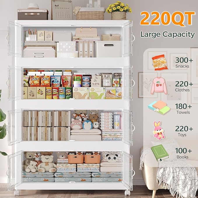 220Gal Stackable Storage Bins with Lid and Wheels, 880QT Plastic Collapsible Storage Boxes with Doors, Closet Organizer and Storage Cabinet for Home Kitchen Office Dorm Room, 4Pack White
